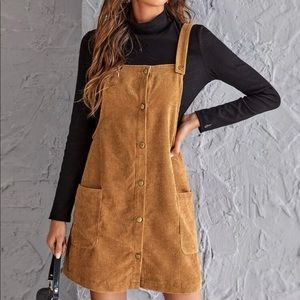 Mustard yellow khaki tan corduroy pocket overalls jumper minidress small